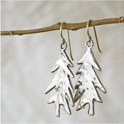 Handcrafted Pewter Pine Tree Earrings 1 1/2" Long on Ear Wires
