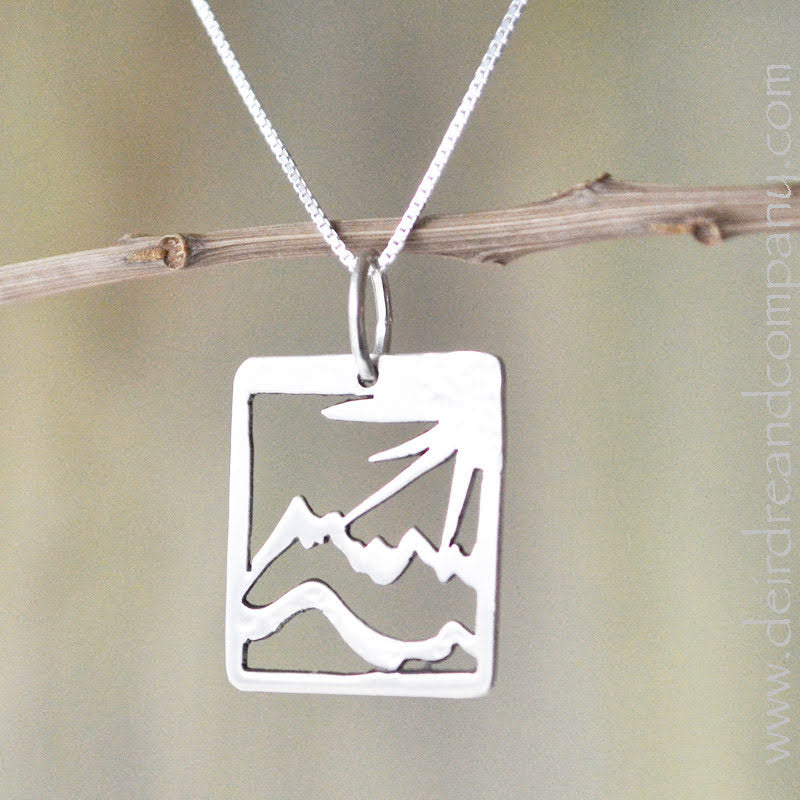 Sun and slopes cut out design in square silver charm, 4/5" x 3/5"
