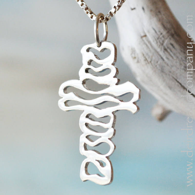 Waves and Water Cross Necklace in sterling  or gold 1 1/4" x 34"