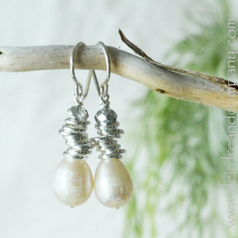 pond pearl earrings with stacked sterling rings