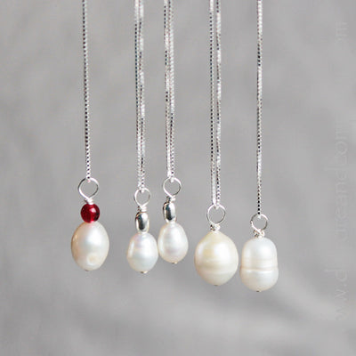 Various Pearl Drops with and without sterling and glass beads on sterling silver box chain.