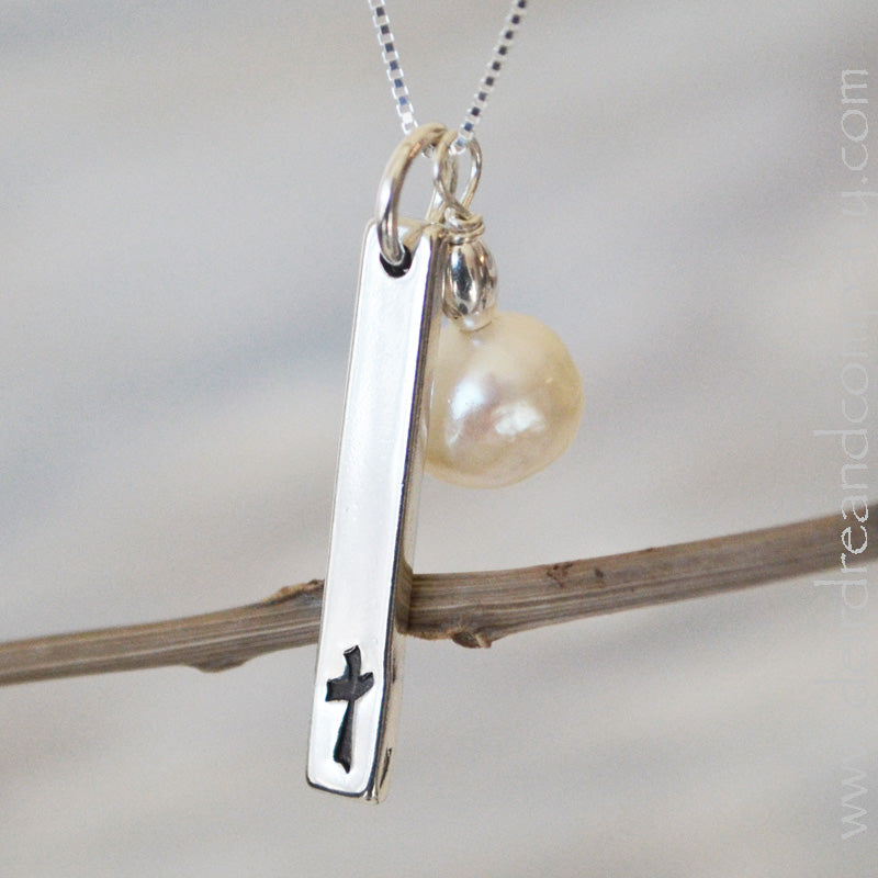 sterling silver bar necklace with cross and pearl