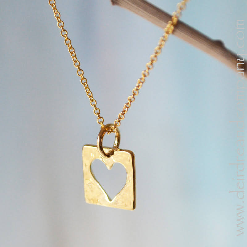 14k gold vermeil square heart cut-out charm on 14k gold filled chain