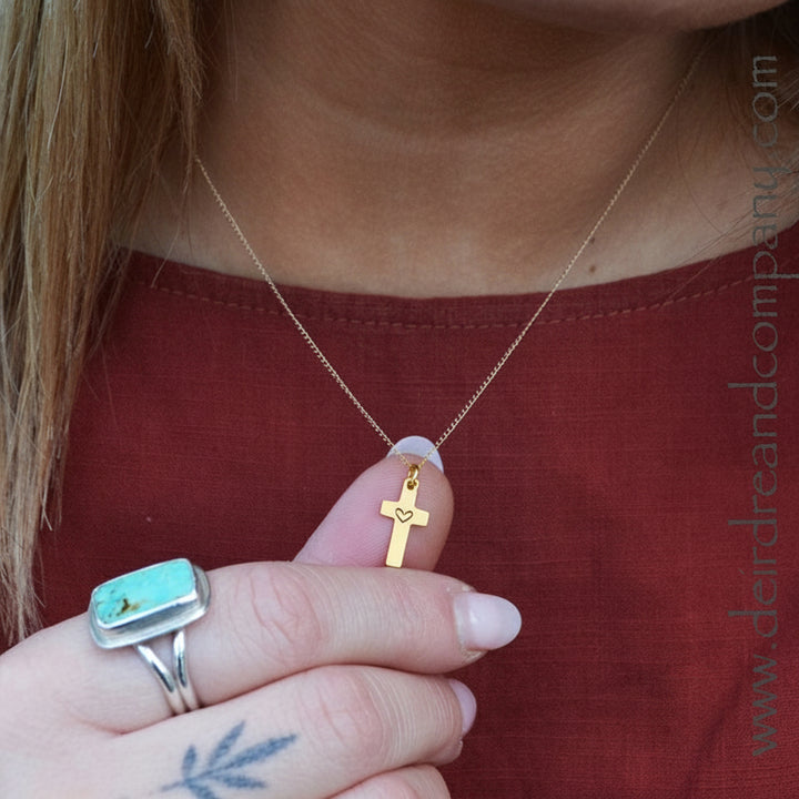 14K Gold Cross with Heart - Hand Cut