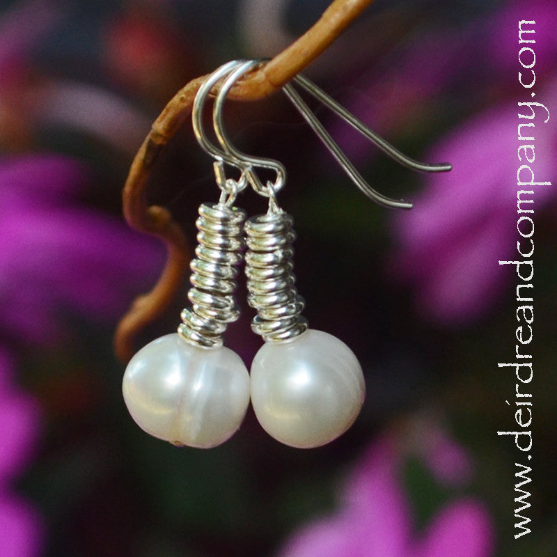pond pearl earrings with stacked sterling rings