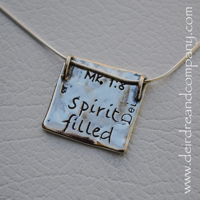 Be Spirit Filled silver square pendant engraved with the words Mk. 1:8 and Spirit Filled on the back on silver snake chain
